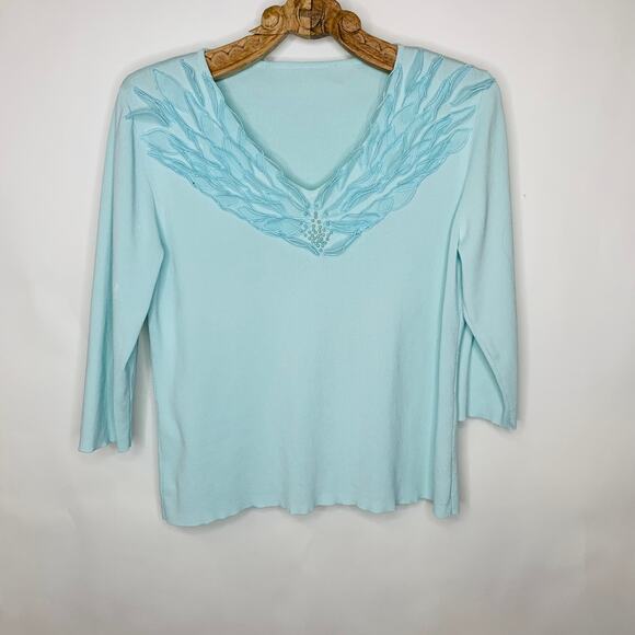 Pale Aqua V Neck Flower Embellished Neckline Pearls Sz Medium - Picture 1 of 4